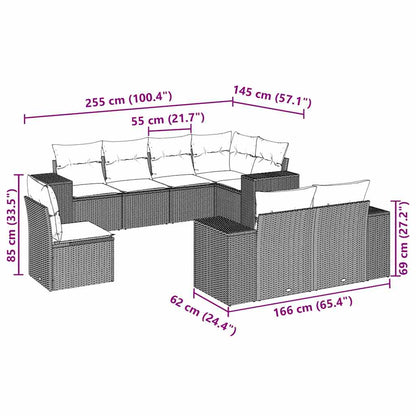 8 pcs conj. sofás jardim c/ almofadões vime PE cinzento-claro