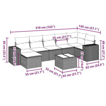 8 pcs conj. sofás jardim c/ almofadões vime PE cinzento-claro
