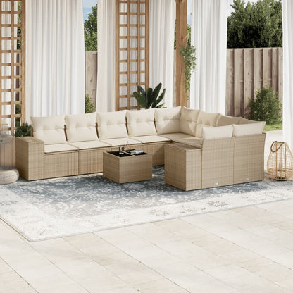 10 pcs conjunto de sofás p/ jardim com almofadões vime PE bege
