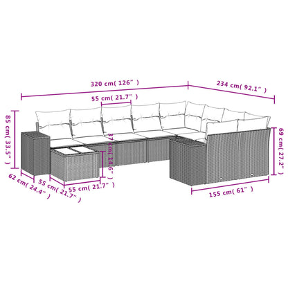 10 pcs conjunto de sofás p/ jardim com almofadões vime PE bege