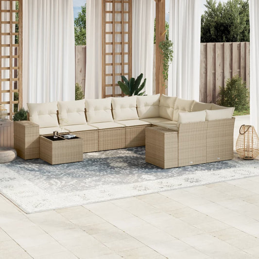 10 pcs conjunto de sofás p/ jardim com almofadões vime PE bege