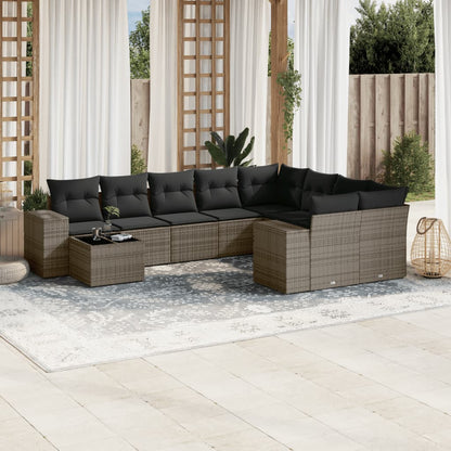 10 pcs conjunto sofás de jardim c/ almofadões vime PE cinzento
