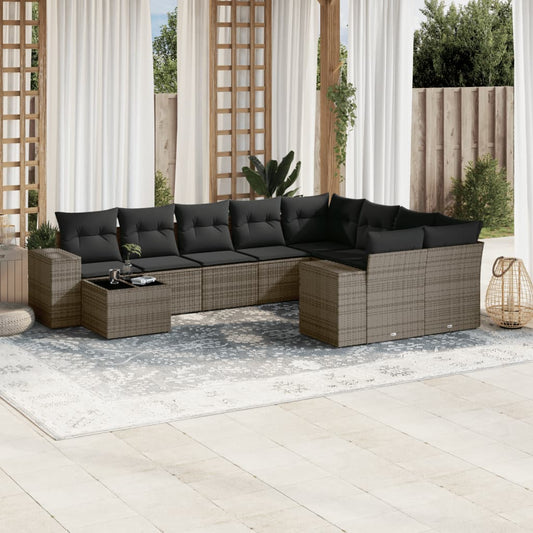 10 pcs conjunto sofás de jardim c/ almofadões vime PE cinzento