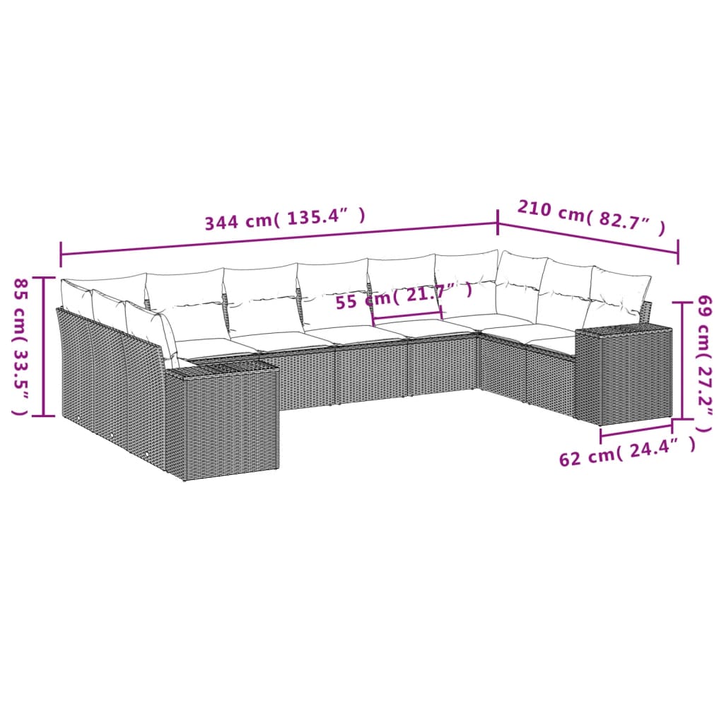 10 pcs conjunto sofás de jardim c/ almofadões vime PE cinzento