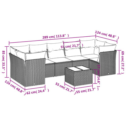 8 pcs conjunto sofás de jardim c/ almofadões vime PE castanho