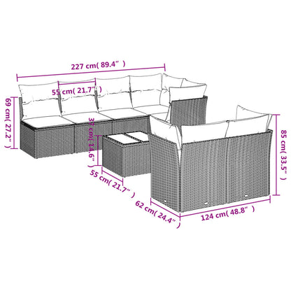 8 pcs conjunto sofás de jardim c/ almofadões vime PE castanho