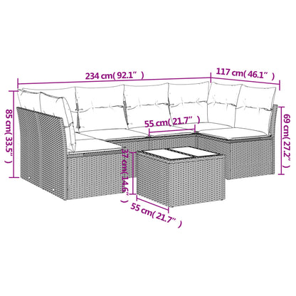 7 pcs conjunto de sofás p/ jardim com almofadões vime PE bege