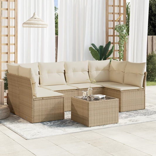 7 pcs conjunto de sofás p/ jardim com almofadões vime PE bege