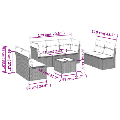 8 pcs conjunto sofás de jardim c/ almofadões vime PE castanho