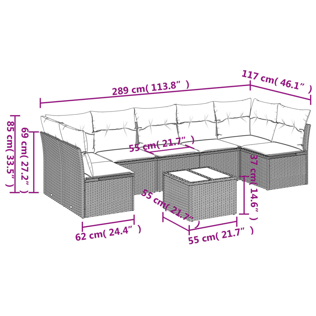 8 pcs conjunto sofás de jardim c/ almofadões vime PE castanho