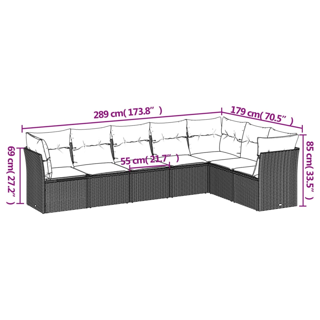 7 pcs conjunto de sofás p/ jardim c/ almofadões vime PE preto