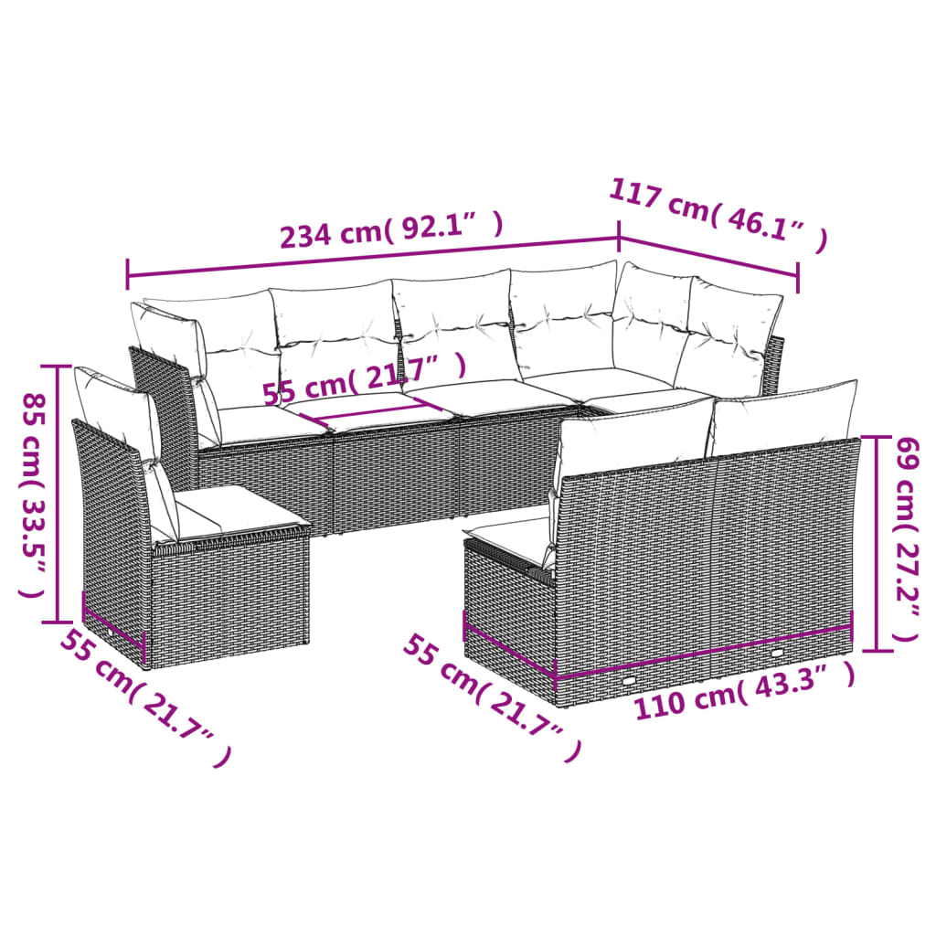 8 pcs conjunto sofás de jardim c/ almofadões vime PE castanho