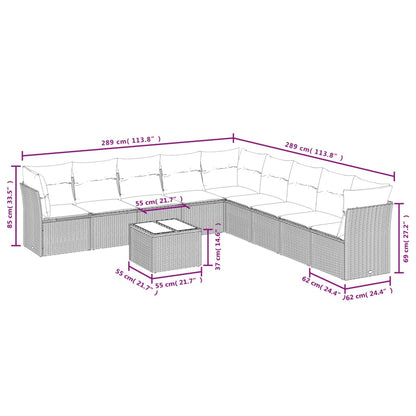 10 pcs conjunto sofás de jardim c/ almofadões vime PE cinzento