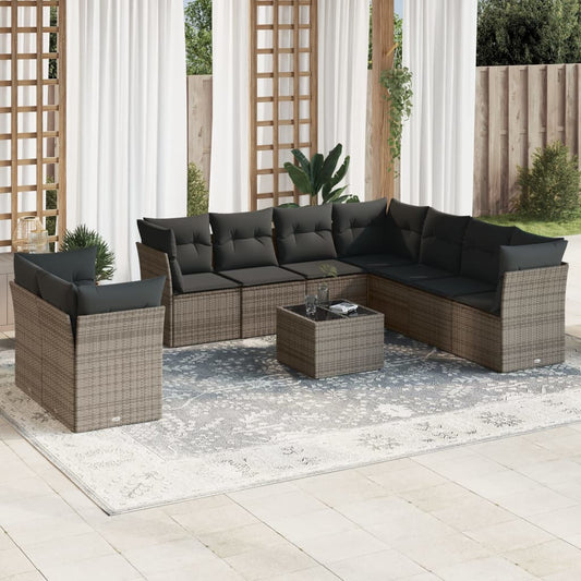 10 pcs conjunto sofás de jardim c/ almofadões vime PE cinzento