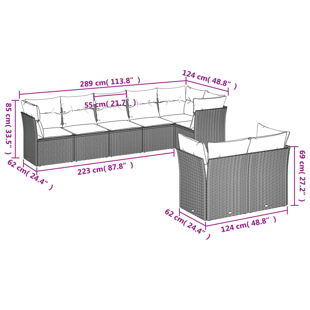 8 pcs conjunto sofás de jardim c/ almofadões vime PE castanho