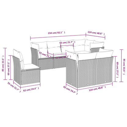 8 pcs conjunto sofás de jardim c/ almofadões vime PE castanho