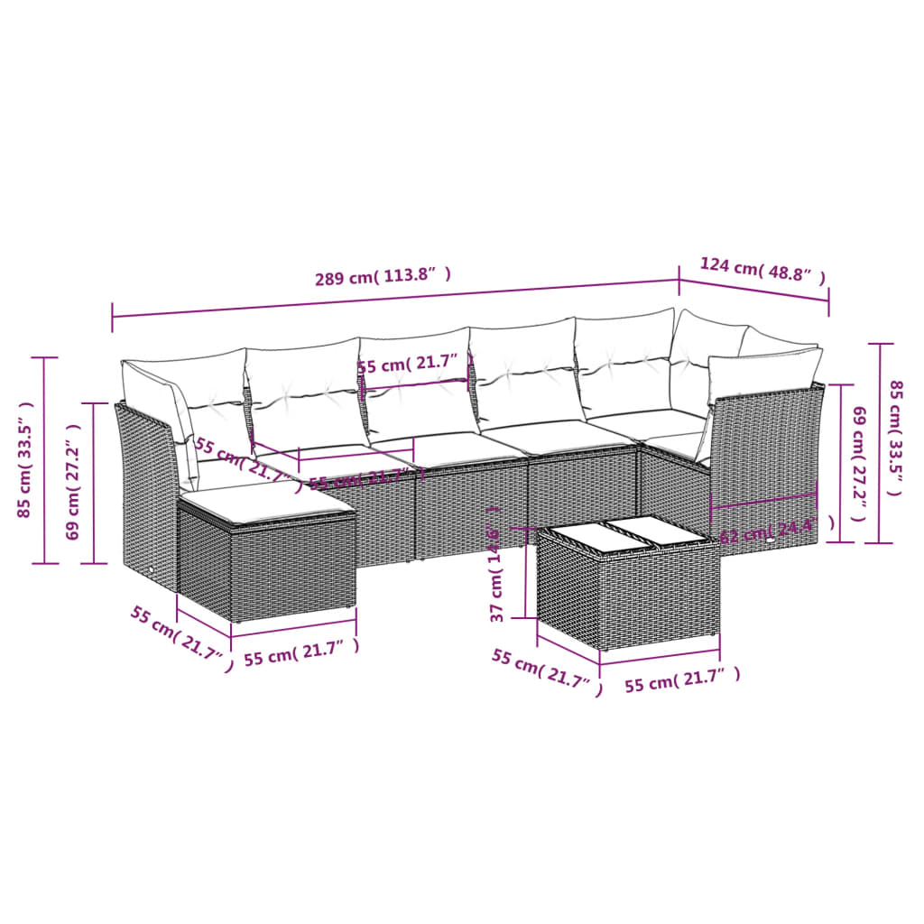 8 pcs conjunto sofás de jardim c/ almofadões vime PE castanho