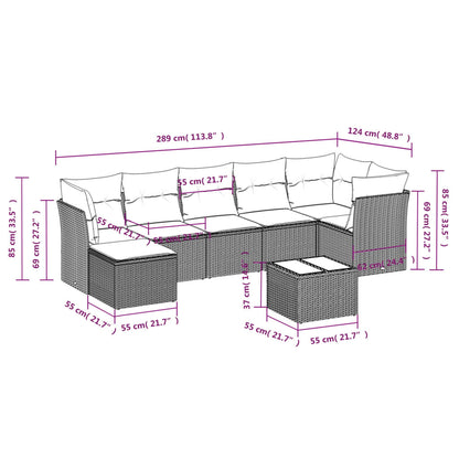 8 pcs conjunto sofás de jardim c/ almofadões vime PE castanho