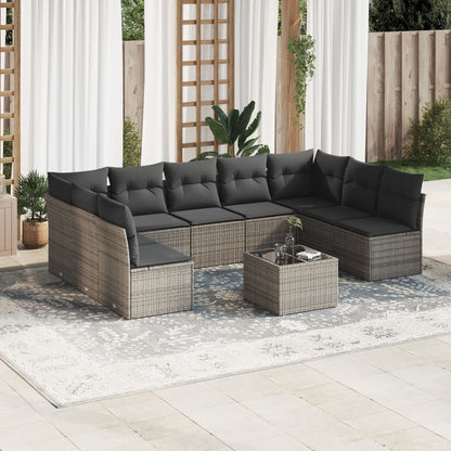 10 pcs conjunto sofás de jardim c/ almofadões vime PE cinzento