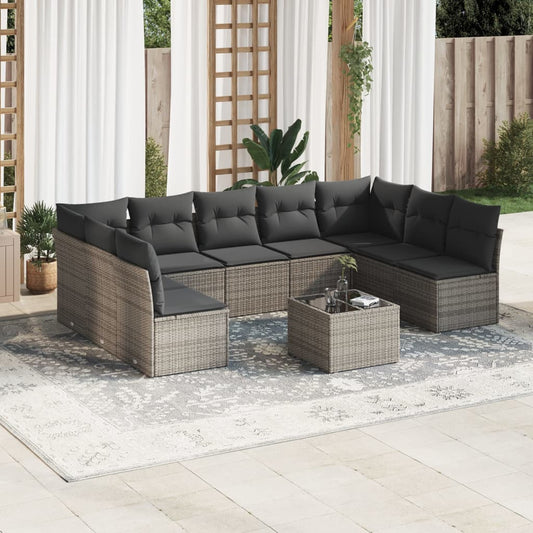 10 pcs conjunto sofás de jardim c/ almofadões vime PE cinzento