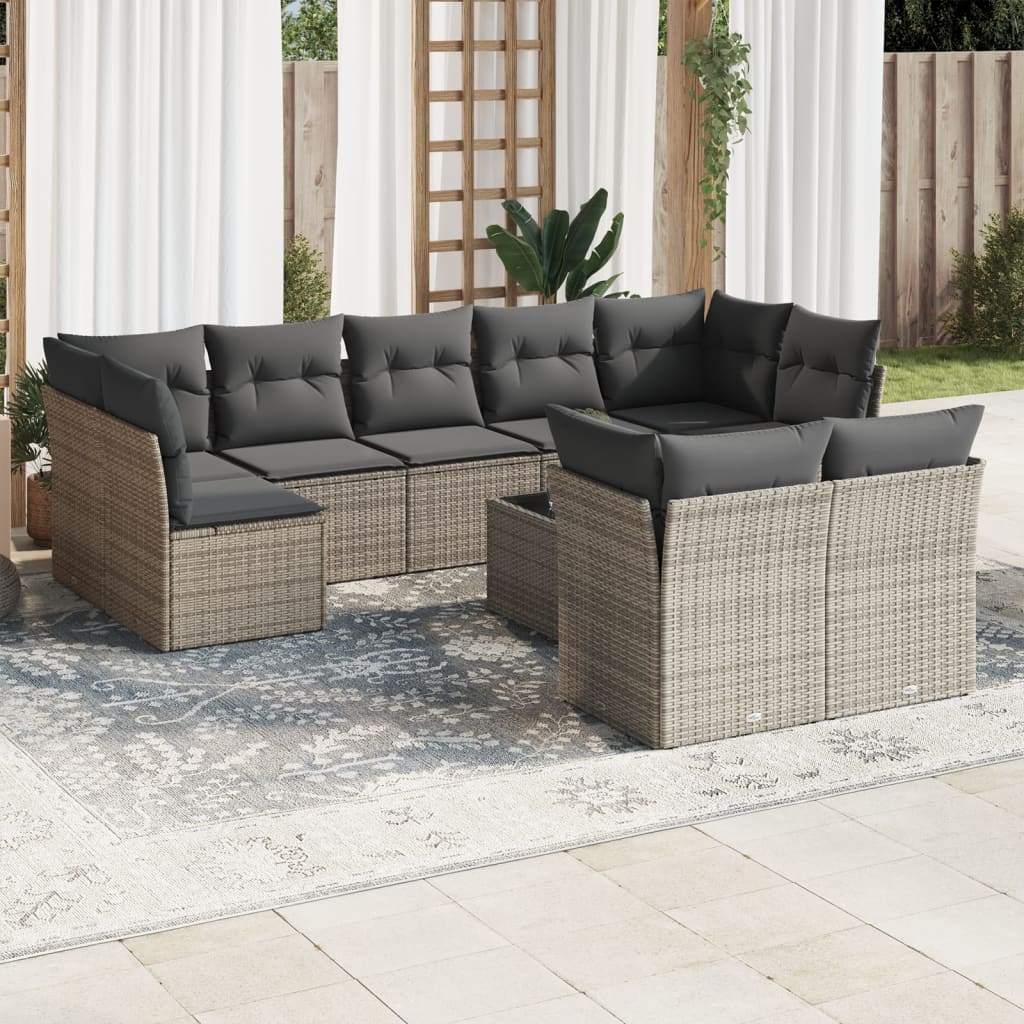 10 pcs conjunto sofás de jardim c/ almofadões vime PE cinzento