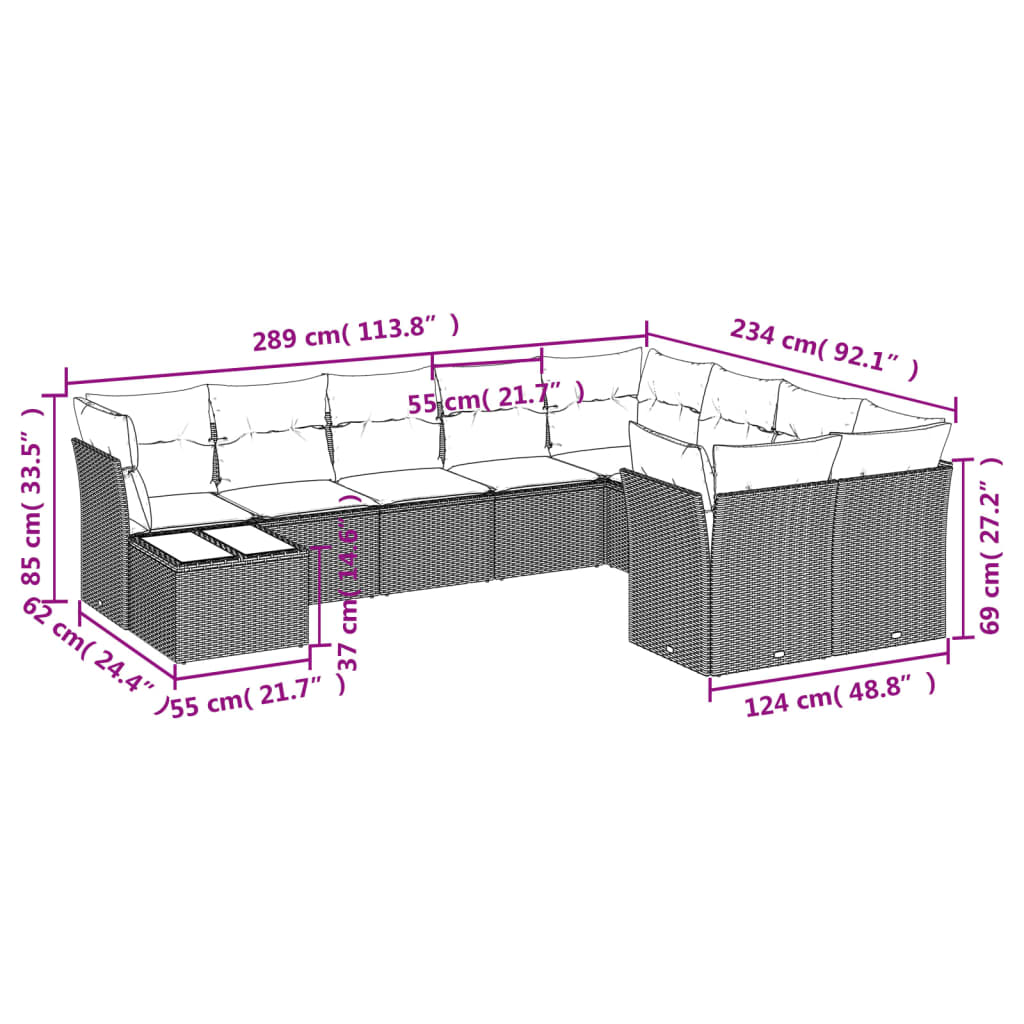 10 pcs conjunto de sofás p/ jardim com almofadões vime PE bege