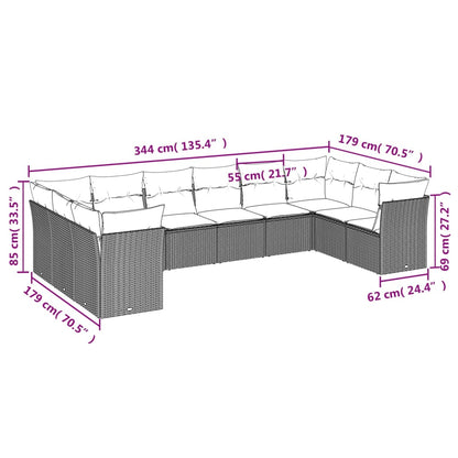 10 pcs conjunto de sofás p/ jardim com almofadões vime PE bege