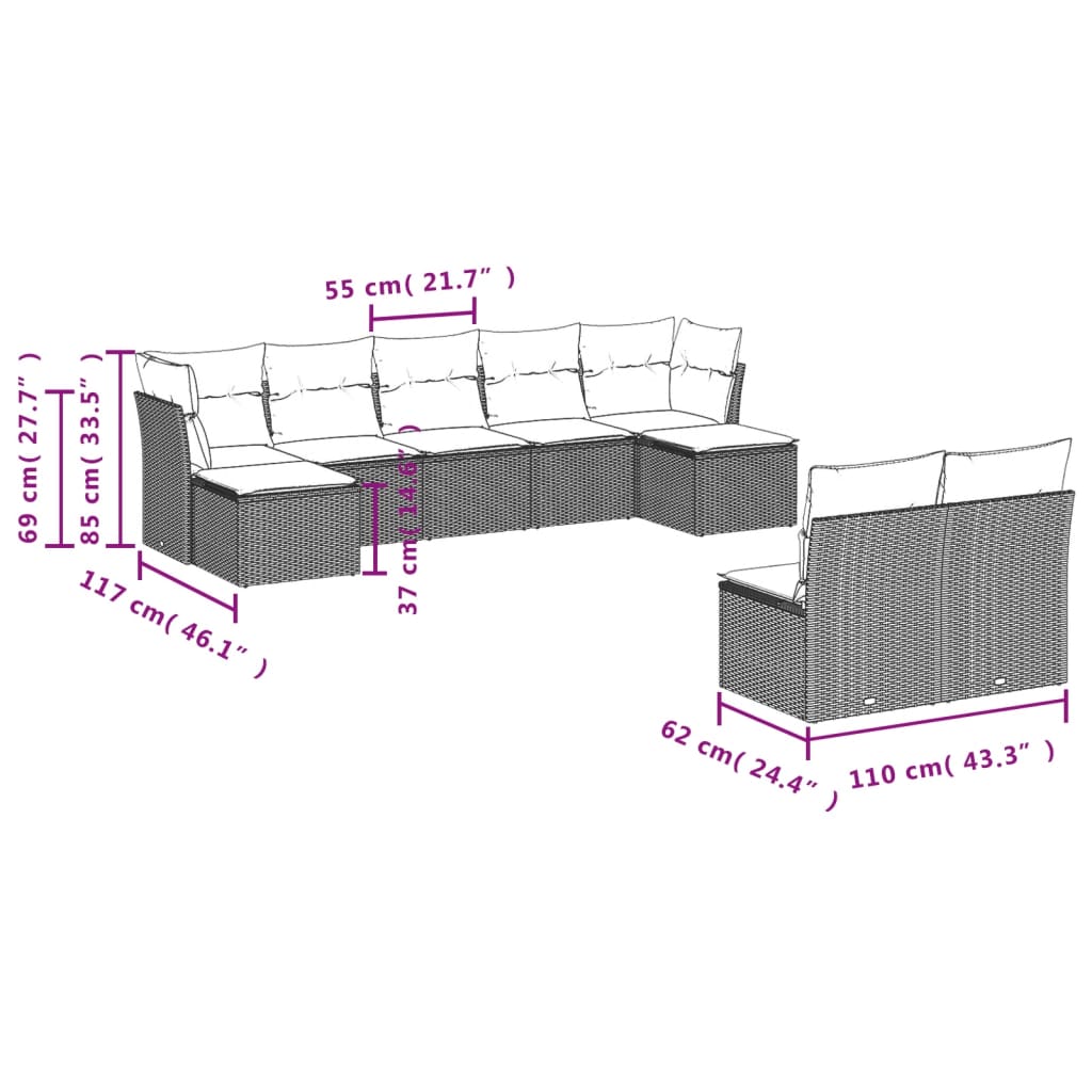 10 pcs conjunto sofás de jardim c/ almofadões vime PE cinzento