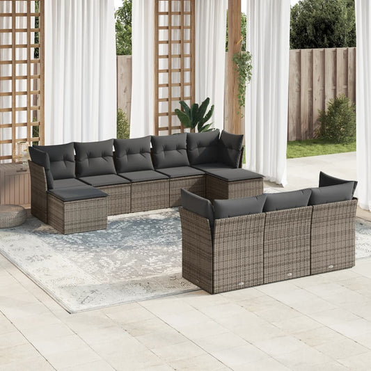 10 pcs conjunto sofás de jardim c/ almofadões vime PE cinzento