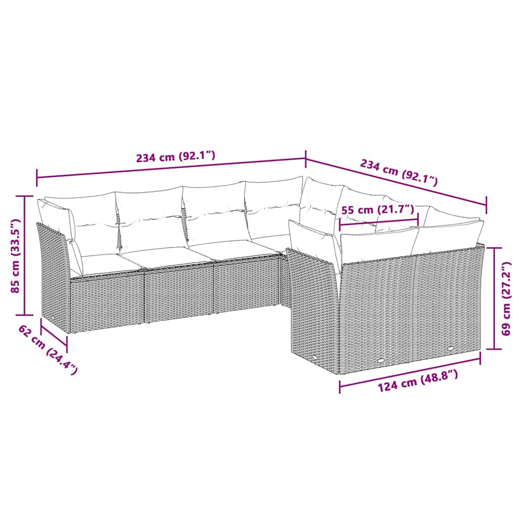 8 pcs conj. sofás jardim c/ almofadões vime PE cinzento-claro