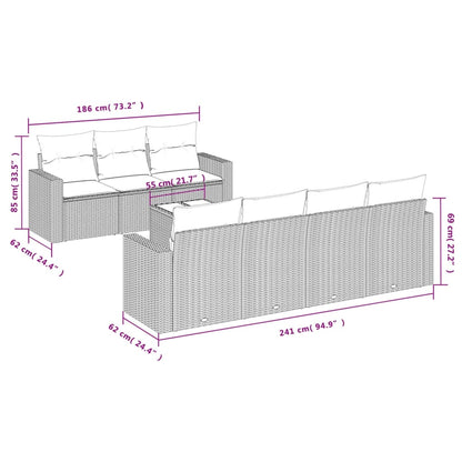 8 pcs conjunto sofás de jardim c/ almofadões vime PE castanho