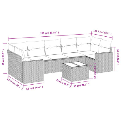 8 pcs conjunto sofás de jardim c/ almofadões vime PE castanho