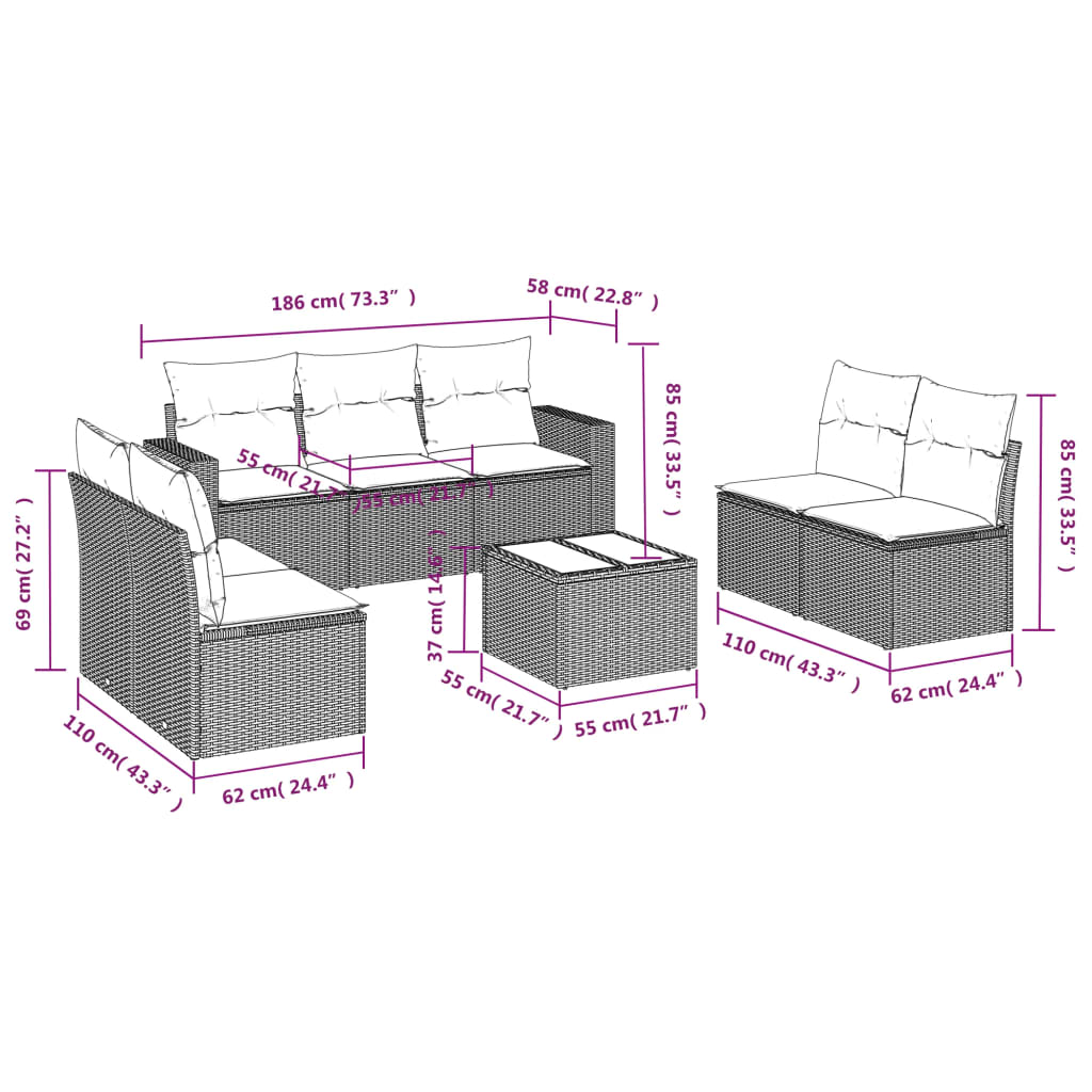 8 pcs conjunto sofás de jardim c/ almofadões vime PE castanho