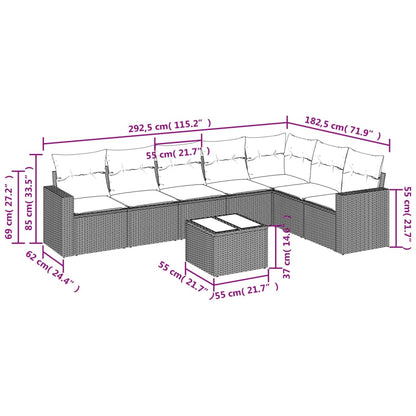 8 pcs conjunto sofás de jardim c/ almofadões vime PE castanho