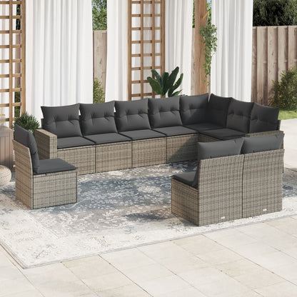 10 pcs conjunto sofás de jardim c/ almofadões vime PE cinzento