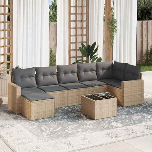 8 pcs conjunto de sofás p/ jardim com almofadões vime PE bege
