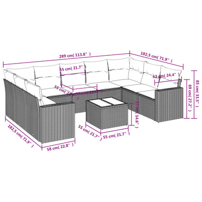 10 pcs conjunto de sofás p/ jardim com almofadões vime PE bege