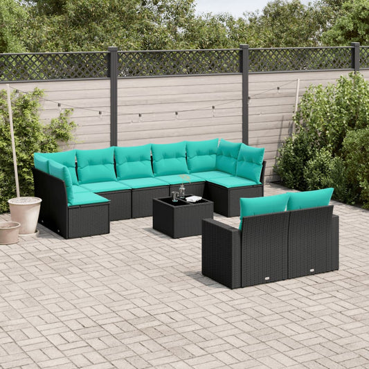 10 pcs conjunto de sofás p/ jardim c/ almofadões vime PE preto