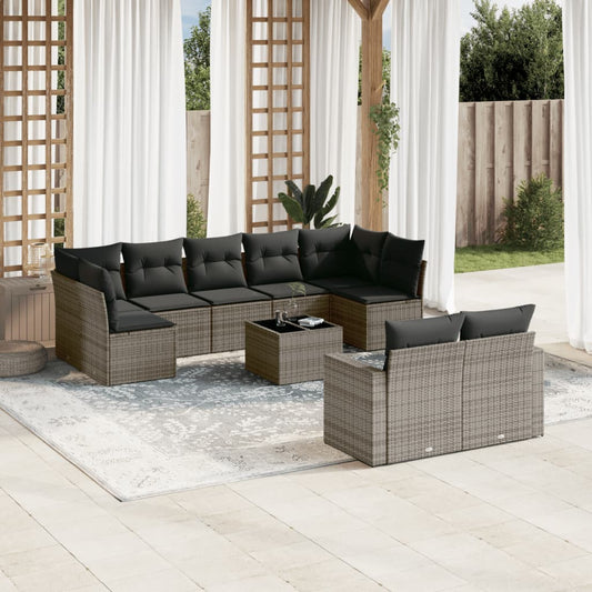 10 pcs conjunto sofás de jardim c/ almofadões vime PE cinzento