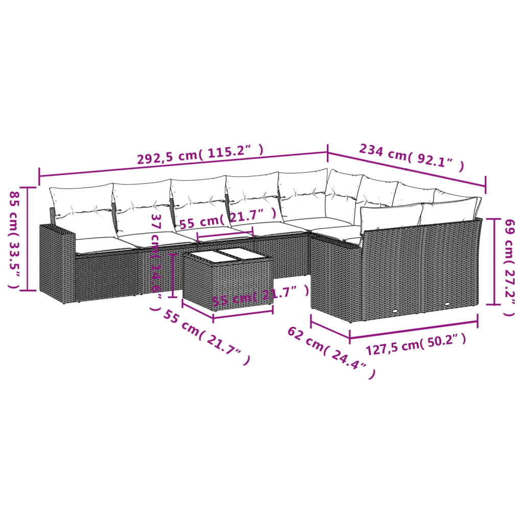 10 pcs conjunto de sofás p/ jardim c/ almofadões vime PE preto