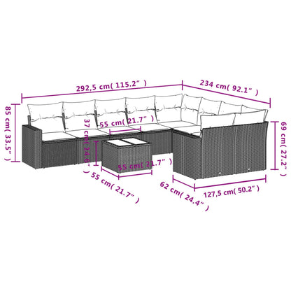 10 pcs conjunto de sofás p/ jardim c/ almofadões vime PE preto