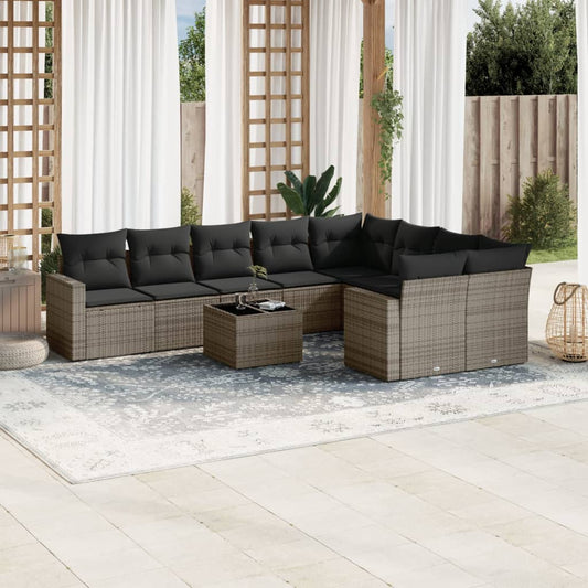 10 pcs conjunto sofás de jardim c/ almofadões vime PE cinzento