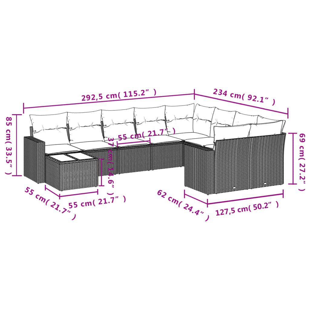 10 pcs conjunto de sofás p/ jardim c/ almofadões vime PE preto