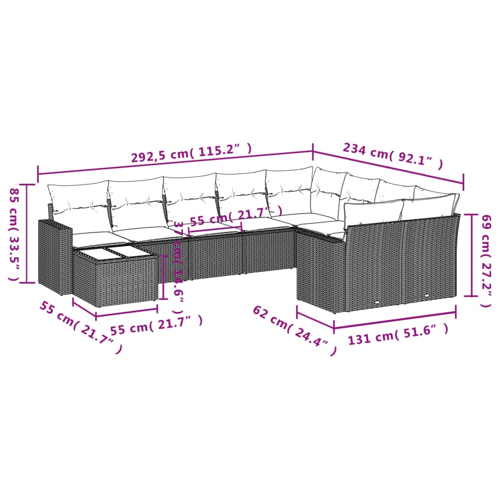 10 pcs conjunto sofás de jardim c/ almofadões vime PE cinzento