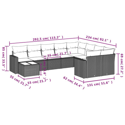 10 pcs conjunto sofás de jardim c/ almofadões vime PE cinzento