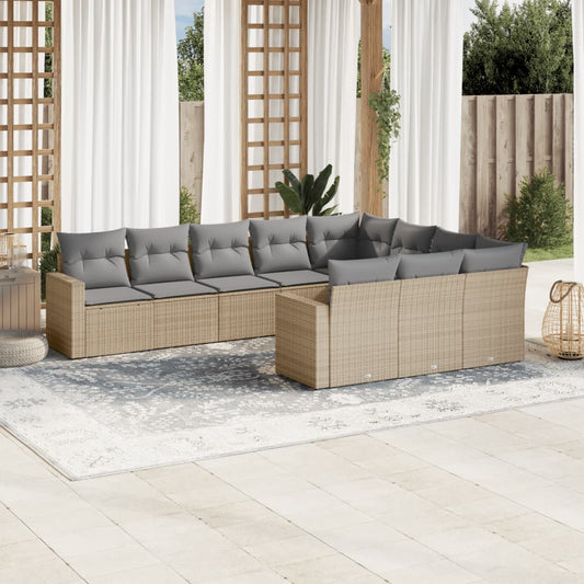 10 pcs conjunto de sofás p/ jardim com almofadões vime PE bege