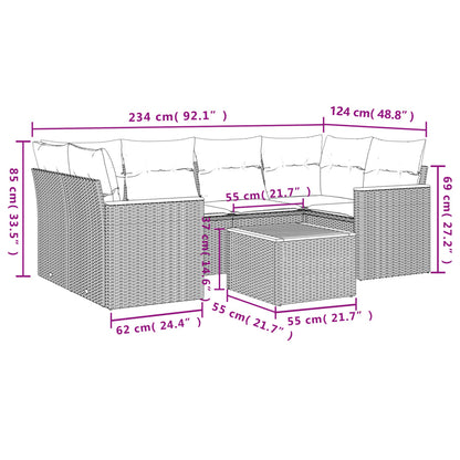 7 pcs conjunto sofás p/ jardim c/ almofadões vime PE cinzento