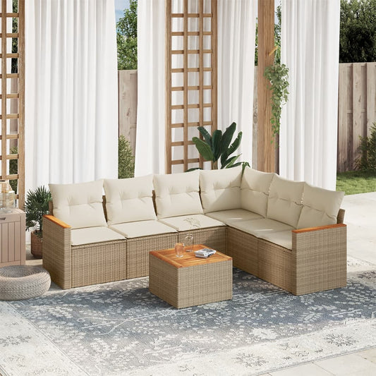 7 pcs conjunto de sofás p/ jardim com almofadões vime PE bege