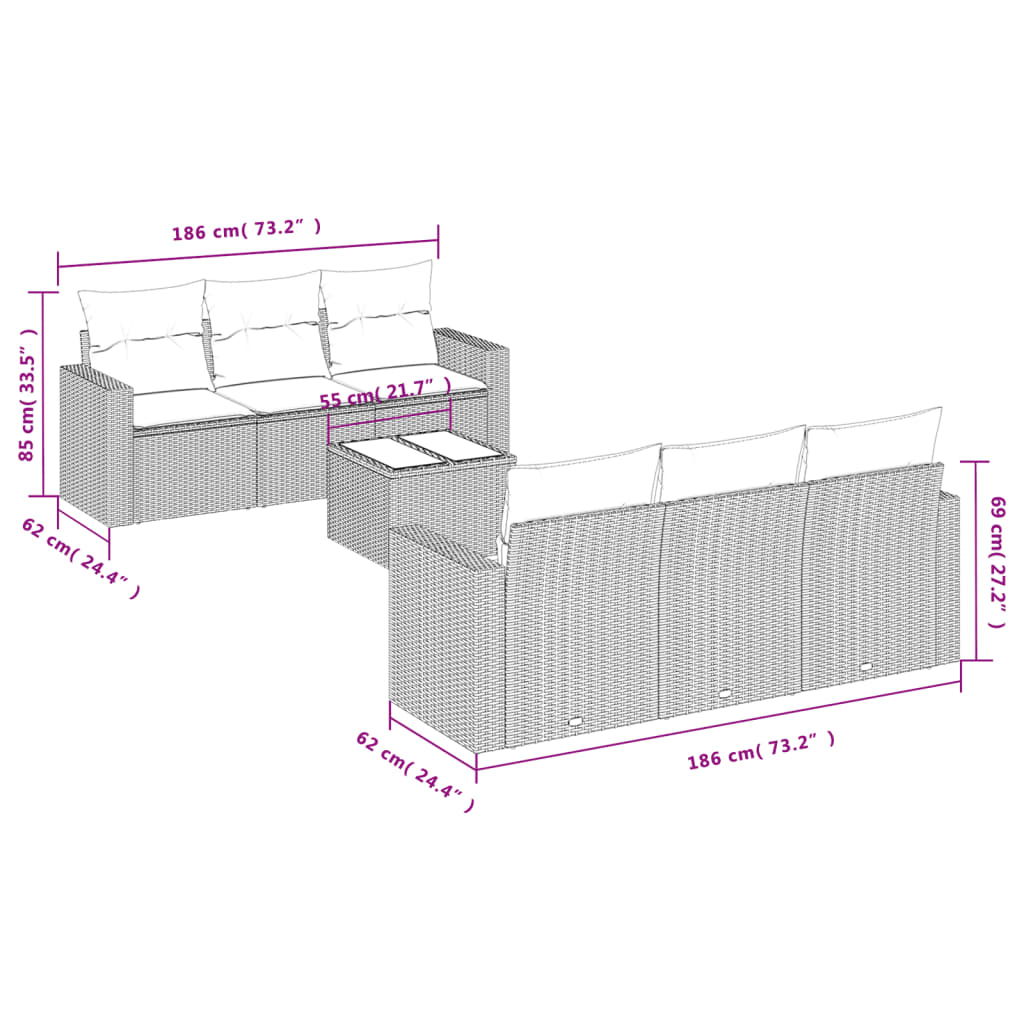 7 pcs conjunto sofás p/ jardim c/ almofadões vime PE cinzento