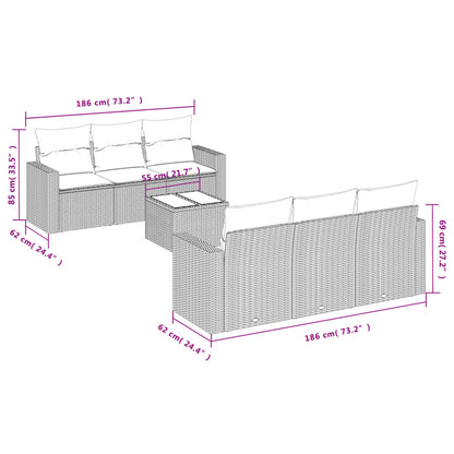 7 pcs conjunto sofás p/ jardim c/ almofadões vime PE cinzento